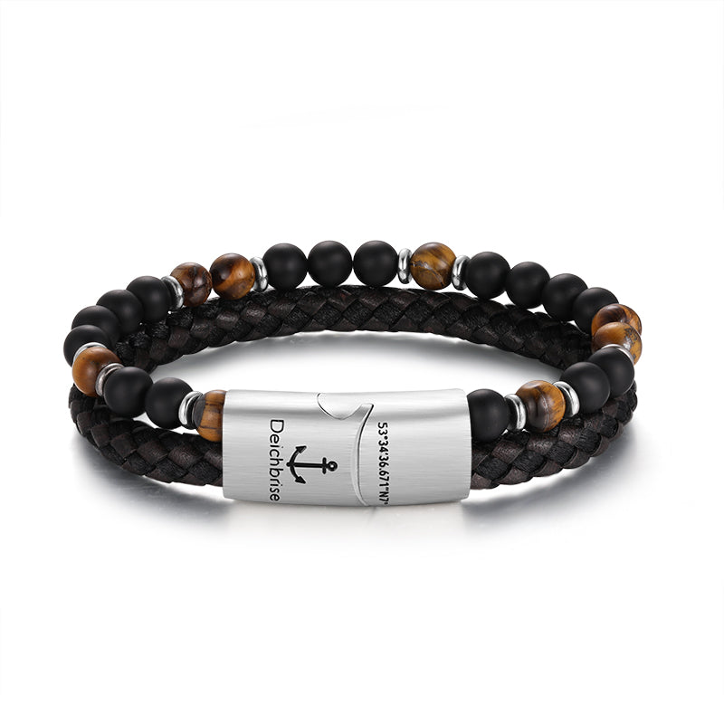 Pulseira Preto Praia Cabedal Onyx & Olho de Tigre