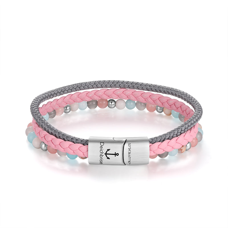 Pulseira Pellworm 2 Cabedal Corda Náutica Rosa Jade Quarz Kristall & Vermelho Netz Jaspis